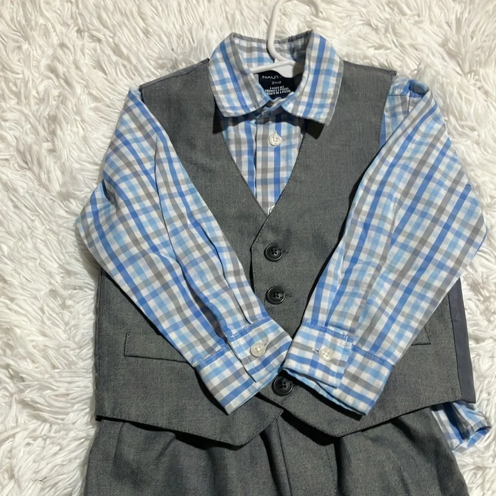Nautica Gray Vest with Blue Plaid Shirt Set